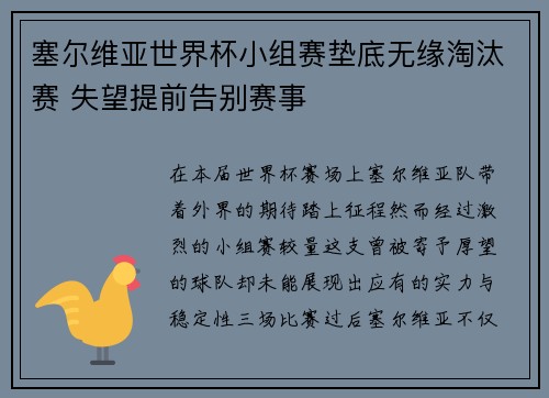 塞尔维亚世界杯小组赛垫底无缘淘汰赛 失望提前告别赛事 塞尔维亚世界杯小组赛垫底无缘淘汰赛 失望提前告别赛事